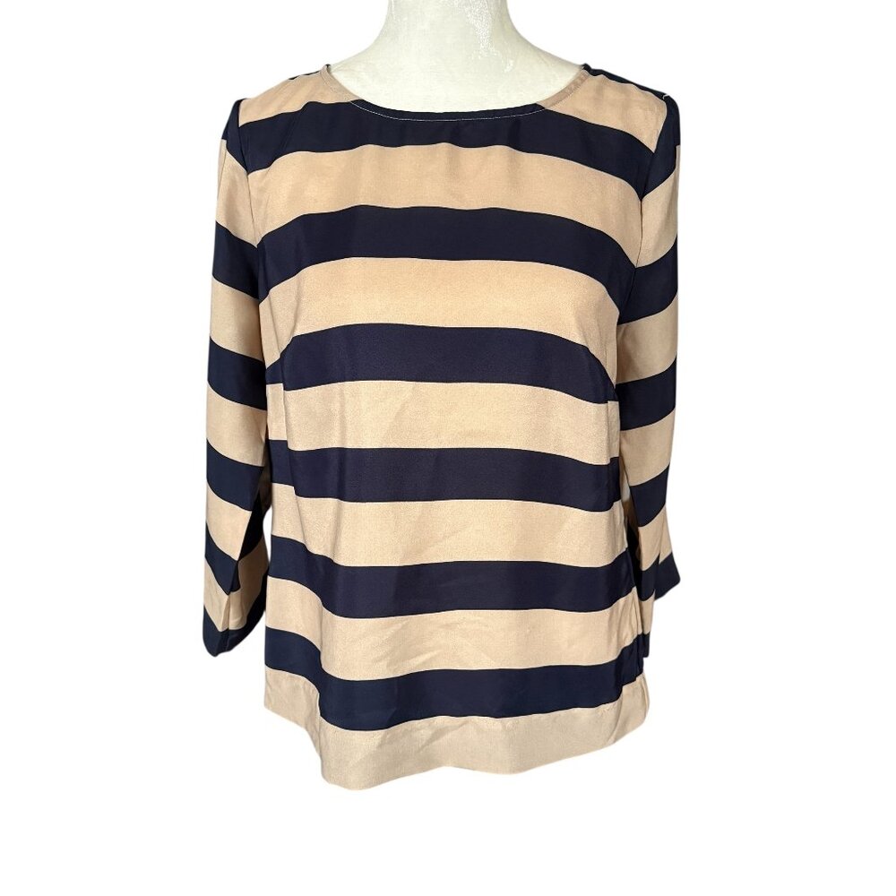 J. Crew tan and black striped 3/4 sleeve top women's size small